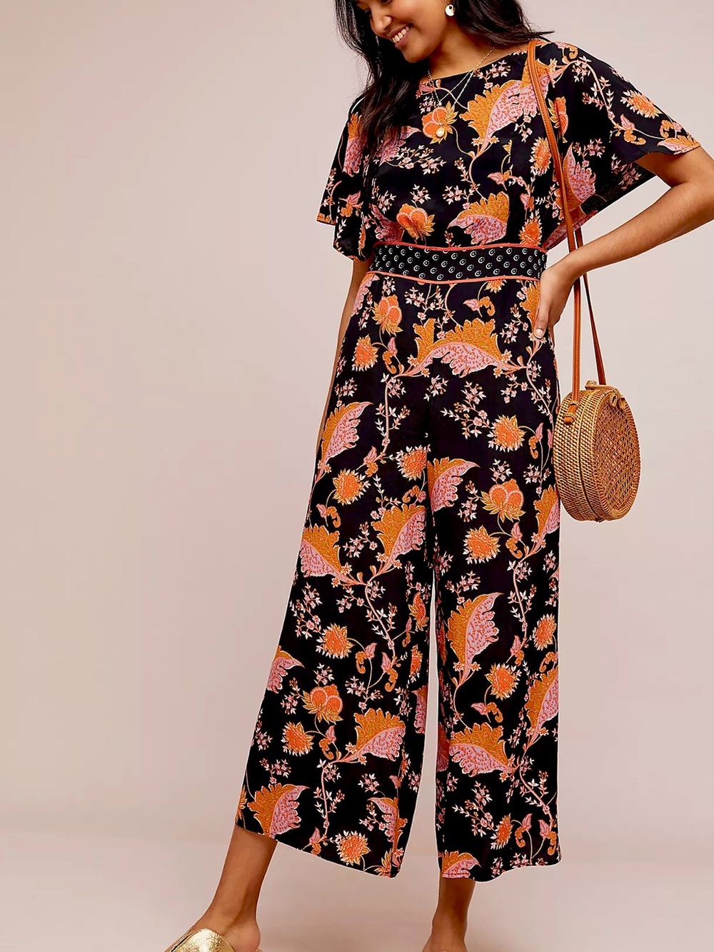 Anthropologie Maeve Belted Botanical Jumpsuit 4P Midi Wide Leg Flutter Sleeve